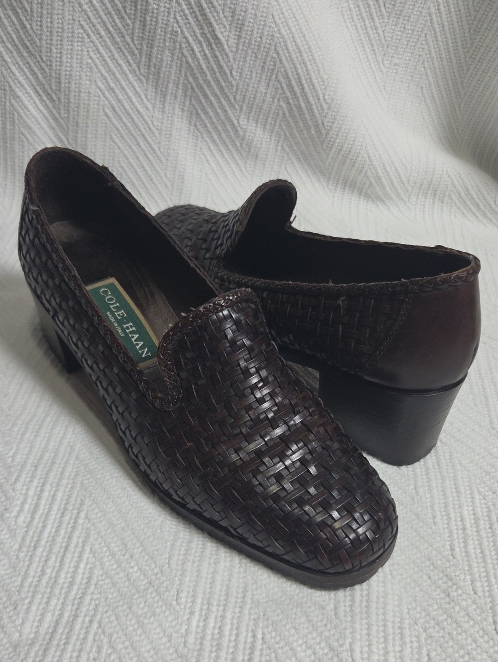 Vintage Cole Haan Made in Italy Woven Leather Chunky Heel Loafers Lug Sole 7.5 B